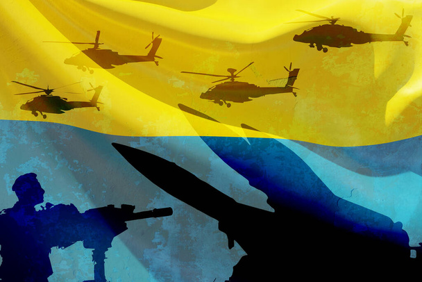 Ukraine Russie guerre. Arme armée ukrainienne, champ de bataille. Soldat, silhouette d'arme et de roquettes, fond drapeau national. 3d rendu - Photo, image