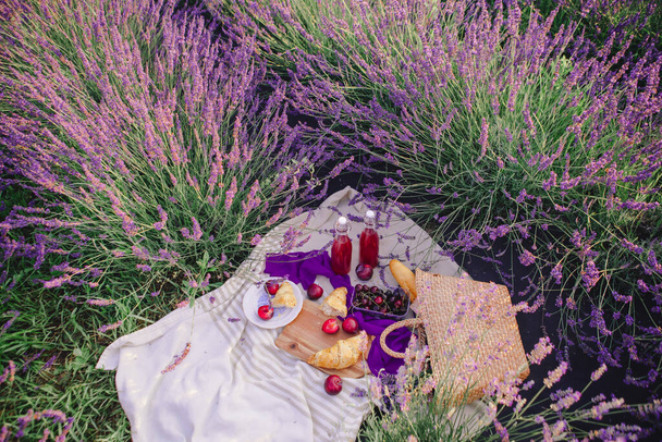 romantische picknickplaats bij lavendelveld kopieerruimte - Foto, afbeelding