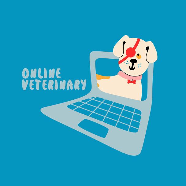 Online állatorvos. Boldog kiskutya orvosi kötéssel a szemén. Egy mozgássérült kutya kukucskál ki a laptopból. Vektorillusztráció. - Vektor, kép