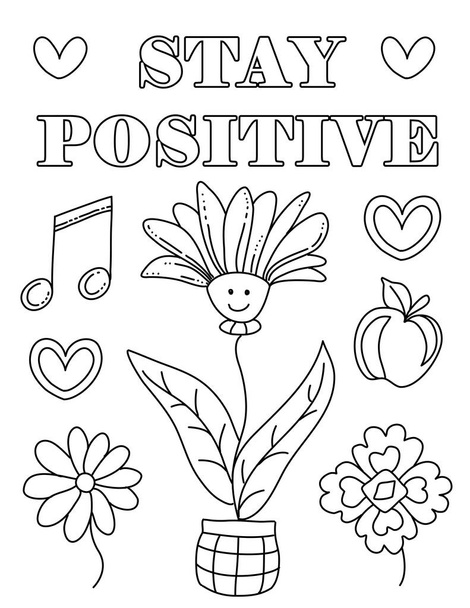 Dobré vibrace. Pozitivní, Groovy Ručně kreslené omalovánky pro děti i dospělé. Krásné kresby se vzory a drobnými detaily. Zbarvení knihy obrázky s kvetoucími větvemi, květiny, úsměv, samolepky - Vektor, obrázek