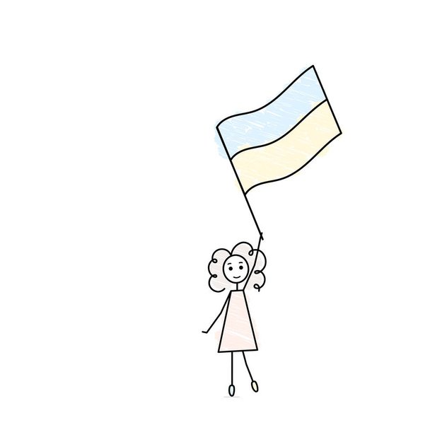 Aufenthalt in der Ukraine, Unterstützung der Ukrainer, ein kleines Mädchen mit blauer und gelber Fahne der Ukraine, Vektor-Doodle-Illustration - Vektor, Bild