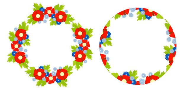 Set of round frames with floral pattern. decorative red poppies and mallows and blue cornflowers with place for text in center. Vector illustration For design, decor, projects and postcards - ベクター画像
