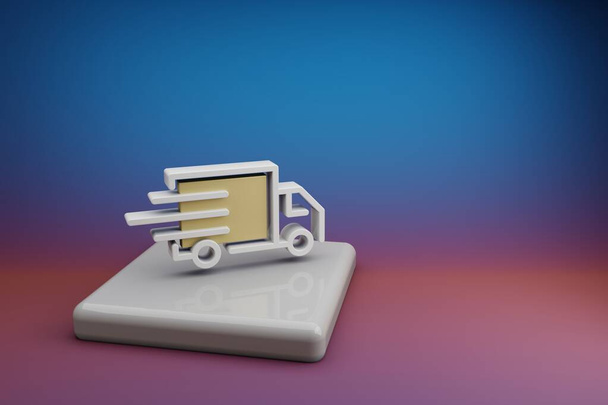 Schöne abstrakte Illustrationen Delivery Truck Symbol-Symbol auf einem Keramikständer und hellen farbigen Hintergrund. 3D-Darstellung. Hintergrundmuster für Design. Online-Einkauf. - Foto, Bild