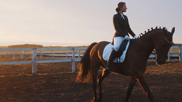Ένα νεαρό όμορφο κορίτσι όμορφα ντυμένο καβαλάει ένα άλογο με το κεφάλι σκυμμένο. - Φωτογραφία, εικόνα