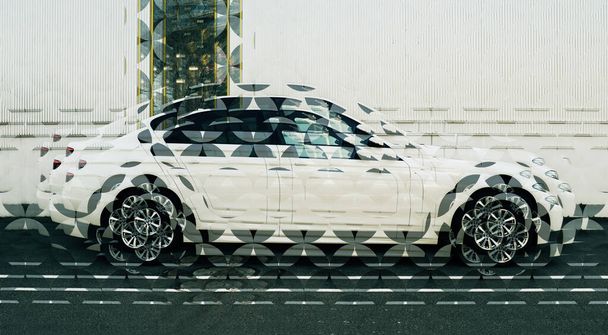 метаверсія Новий білий автомобіль лімузин припаркований проти білих смуг w
 - Фото, зображення