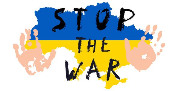 Zastavte válku. Rukopisy ručně s výzvou k zastavení války, mapa Ukrajiny s národní vlajkou uvnitř, s použitím dětských otisků dlaní k zastavení války. Ozbrojený konflikt na Ukrajině musí být zastaven. Vektor - Vektor, obrázek