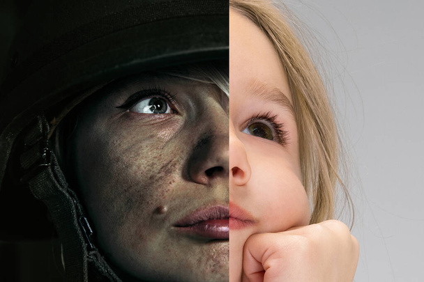 Composite image. Half-faced portraits of young woman in military uniform and little girl, child. Praying for peace in Ukraine - Fotó, kép