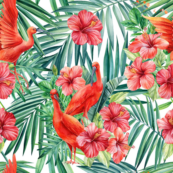 Palmiye yaprakları, tropik çiçek çiçekleri, beyaz arka planda Ibis kuşları, botanik suluboya. Kusursuz desenler. - Fotoğraf, Görsel