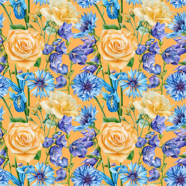 Gelbe und blaue Wildblumen Kornblume, Rose und Blauglocke, florales Design, Blumen Aquarell nahtloses Muster - Foto, Bild