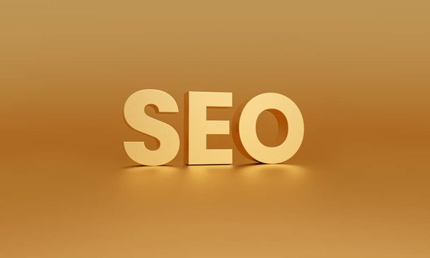 SEO 、黄金の背景に検索エンジンの最適化。戦略ウェブの概念。3Dレンダリング. - 写真・画像