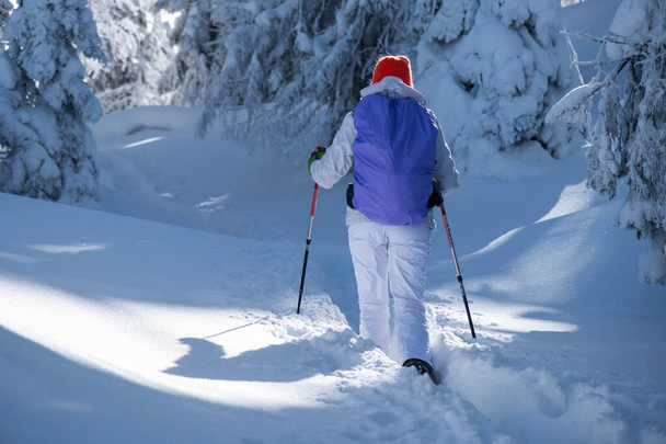 Beelden van de rug van een jonge wandelaar met een wit skikostuum en een felgekleurde hoed - Foto, afbeelding