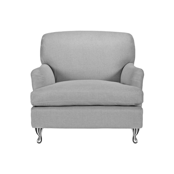 Klassischer Sessel im Art-déco-Stil aus grauem Samt mit Beinen aus Nickel-Metall isoliert auf weißem Hintergrund mit Clipping-Pfad. Vorderseite, Möbelserie - Foto, Bild