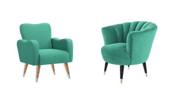 Deux fauteuils classiques de style art déco en velours turquoise avec pieds en bois isolés sur fond blanc avec chemin de coupe. Série de meubles - Photo, image