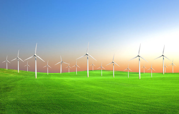 Концепция чистой энергии луга с большим количеством ветряных турбин - Фото, изображение