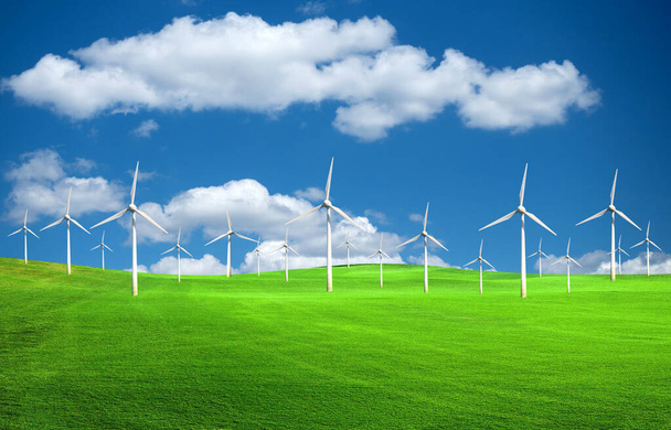Birçok rüzgar türbinli temiz enerji konsepti. - Fotoğraf, Görsel