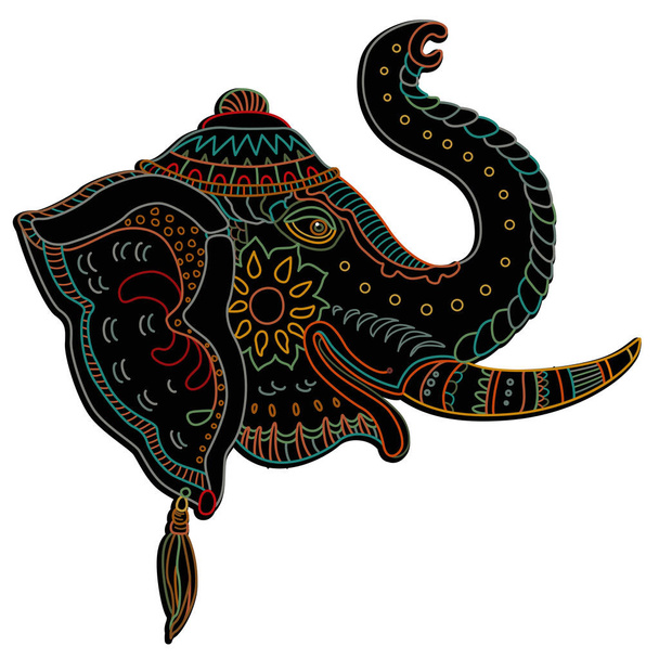 Διάνυσμα διακοσμητικά περίτεχνα ινδικό κεφάλι ελέφαντα μαύρη σιλουέτα. Ζωγραφισμένο στο χέρι σκίτσο, χρωματιστό περίγραμμα λεπτή γραμμή σε λευκό φόντο. T-shirt εκτύπωση, μαξιλάρι κέντημα - Διάνυσμα, εικόνα