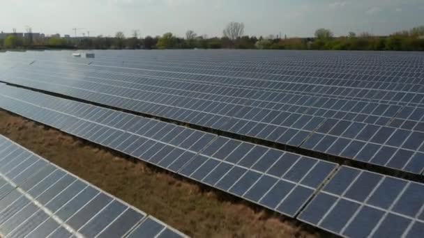 Forwards fly above hundreds of solar cells arranged in rows. Photovoltaic power plant. Green energy, ecology and carbon footprint reduction concept - Footage, Video