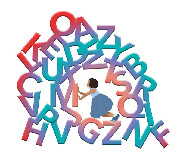 Egy lány, egy gyerek, mászik és játszik az ábécé 26 betűjén egy 3D-s illusztrációban az elemi tanulásról és tanításról. - Fotó, kép