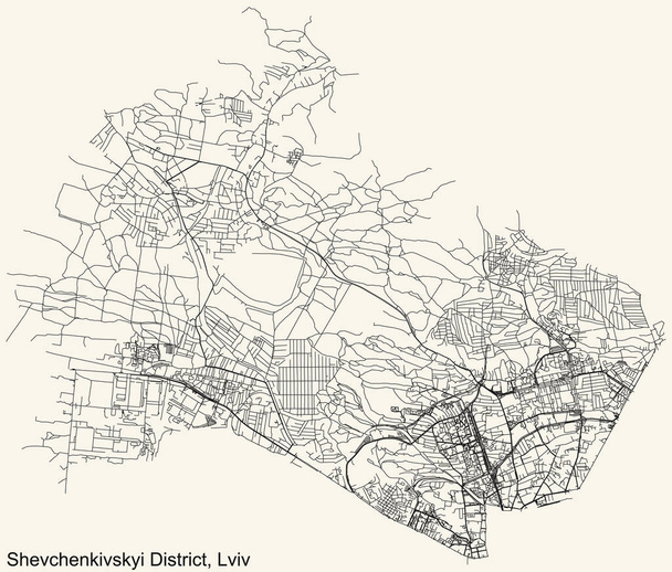 Detailed navigation black lines urban street roads map of the SHEVCHENKO (SHEVCHENKIVSKYI) DISTRICT of the Ukrainian regional capital city Lviv, Ukraine on vintage beige background - Vector, Image