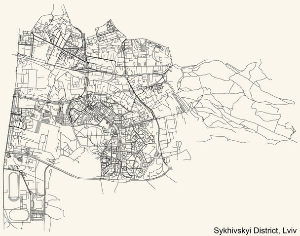 Gedetailleerde navigatie zwarte lijnen stedelijke straat kaart van de SYKHIV (SYKHIVSKYI) DISTRICT van de Oekraïense regionale hoofdstad Lviv, Oekraïne op vintage beige achtergrond - Vector, afbeelding