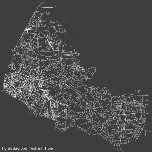 Detailed negative navigation white lines urban street roads map of the LYCHAKIV (LYCHAKIVSKYI) DISTRICT of the Ukrainian regional capital city Lviv, Ukraine on dark gray background - Vector, Image