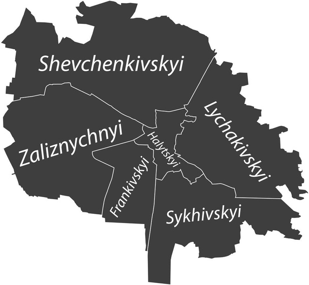 Donkergrijze vlakke vectorkaart van LVIV, UKRAINE met naambordjes en witte grenslijnen van de districten - Vector, afbeelding