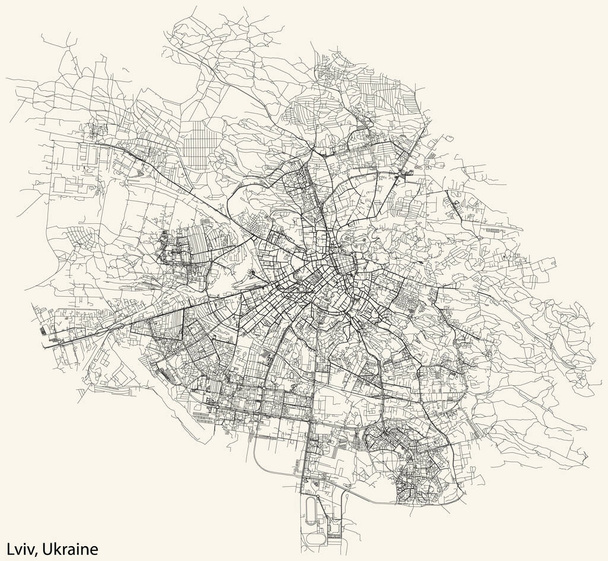 Detailní navigace černé čáry městské ulice mapa ukrajinského hlavního města LVIV, UKRAINE na vinobraní béžové pozadí - Vektor, obrázek