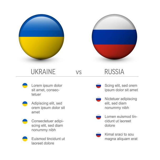 Oekraïne versus Rusland compileer tabel sjabloon met Oekraïense en Russische cirkel pin button vlag badges, lijst van verschillende tekst informatie tegen Rusland oorlog in Oekraïne - Vector, afbeelding