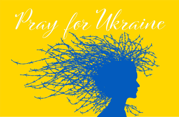Stop válce na Ukrajině - ostnatý drát ženy silueta podpora leták plakát šablony pro sociální média záhlaví nebo dispozice. Ilustrace pro zastavení války na Ukrajině - Vektor, obrázek