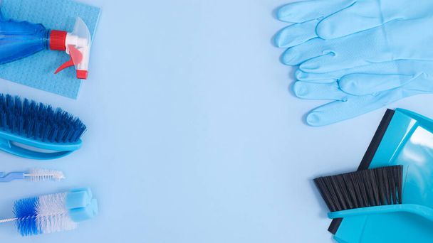 Zero waste cleaning tools composition on pastel blue background with copy space. Flat lay - Фото, изображение