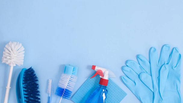 Zero waste cleaning tools composition on pastel blue background with copy space. Flat lay - Φωτογραφία, εικόνα