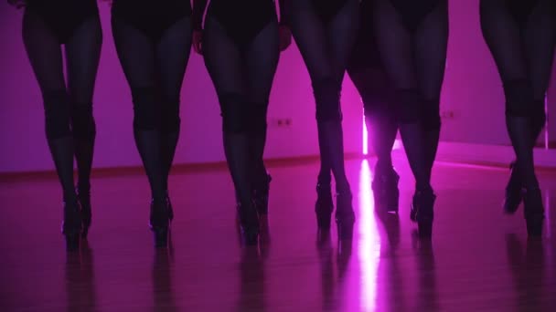 Grupo de mujeres delgadas sexy en ropa negra caminando lentamente hacia adelante en la iluminación púrpura - Metraje, vídeo