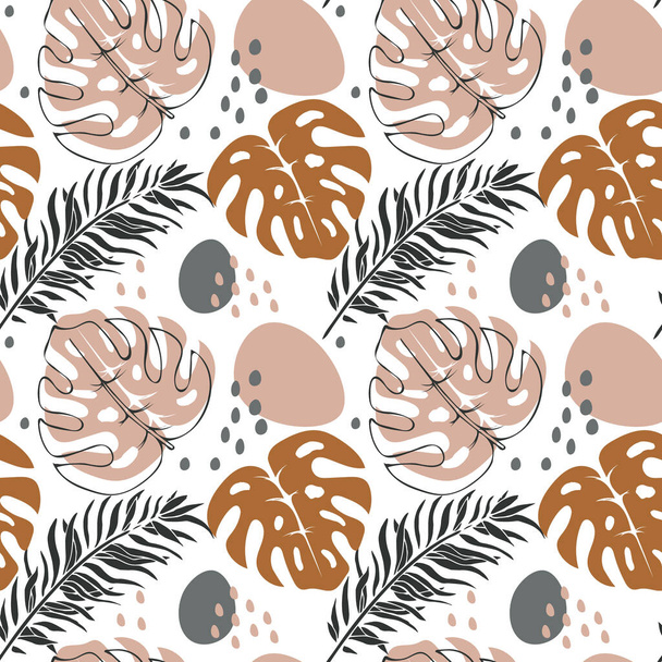 Nahtloses Muster, tropische Blätter und abstrakte Formen in Beigetönen auf weißem Hintergrund. Gekritzelte Illustration. Textil, Tapete - Vektor, Bild