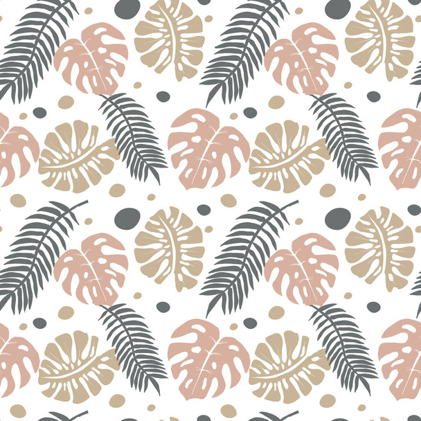 Seamless pattern, tropical leaves and abstract shapes in beige shades on a white background. Doodle illustration. Textile, wallpaper - Вектор,изображение
