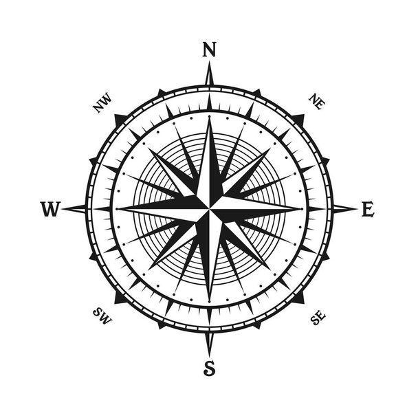 Vintage merituuli nousi, merikartta. Yksivärinen navigointikompassi, jossa on kardinaalisuunta pohjoiseen, itään, etelään, länteen. Maantieteellinen sijainti, kartoitus ja navigointi. Vektoriesimerkki. - Vektori, kuva