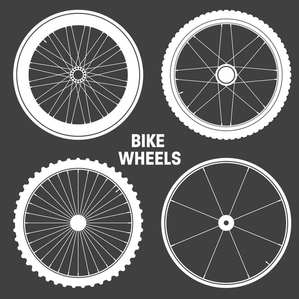 Valkoinen polkupyörän pyörän symbolit kokoelma. Pyörä kumi rengas siluetteja. Kuntopyörä, maantie- ja maastopyörä. Vektoriesimerkki. - Vektori, kuva