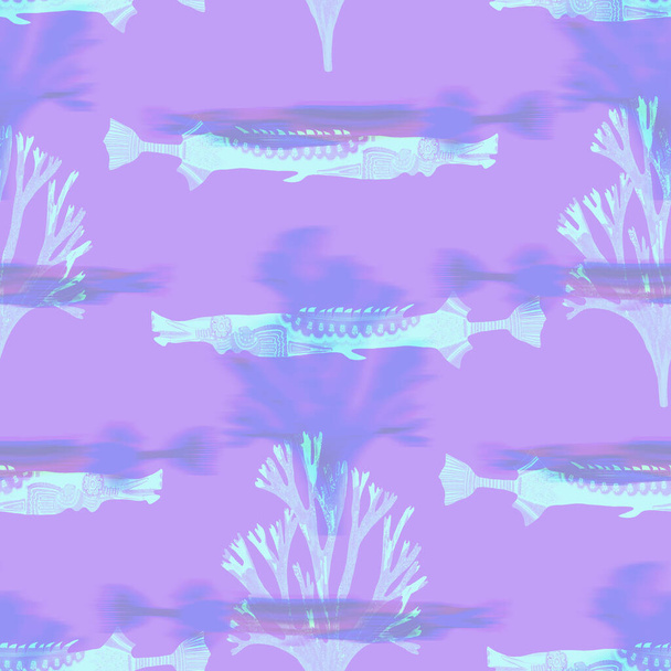 Fondo de patrón de peces iridiscentes ultravioleta. Lavanda digital moderna peri púrpura bajo la textura de los peces de mar. Tropical calm coastal wellness por todas partes imprimir. - Foto, imagen
