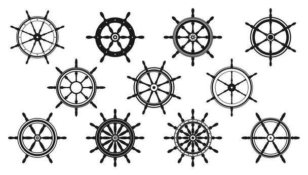Collection of vintage steering wheels. Ship, yacht retro wheel symbol. Nautical rudder icon. Marine design element. Vector illustration - Vector, Image
