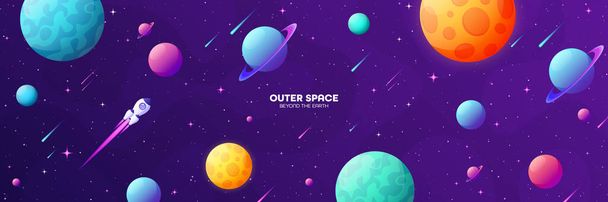 Space futuristic modern colorful background with rocket. Starship, spaceship in night sky. Solar system, galaxy and universe exploration. Vector illustration. - Vector, Image