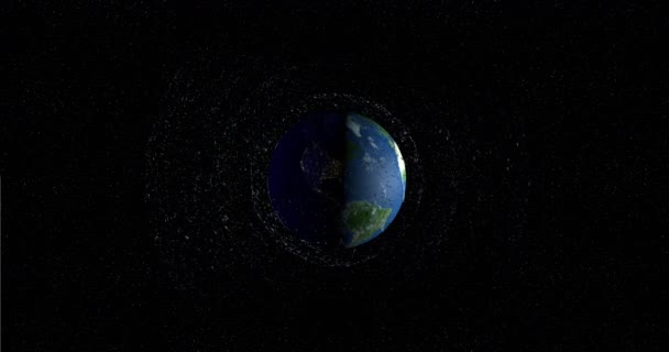 Πανοραμική άποψη των διαστημικών συντριμμιών που επιπλέουν στην τροχιά του πλανήτη Γη. Παλιοί δορυφόροι, πύραυλοι υποστήριξης, κομμάτια μετάλλου αποτελούν απειλή επειδή μπορούν να συγκρουστούν με τους νέους δορυφόρους. 3D Animation - Πλάνα, βίντεο