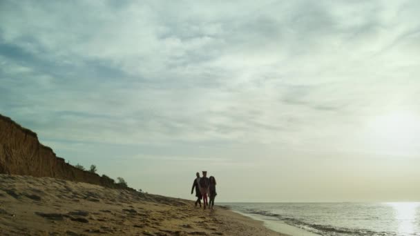 Glückliche Menschen gehen Strand durch Meereswellen. Familie genießt Wochenende am Ufer Naturblick - Filmmaterial, Video