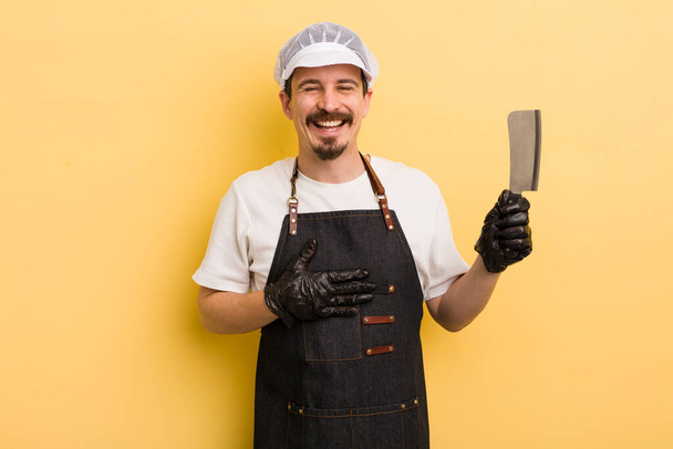 man laughing out loud at some hilarious joke. butcher concept - Photo, image