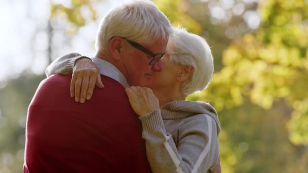 Szerető ölelés idős nyugdíjas fehér férfi és nő között a parkban. - Felvétel, videó