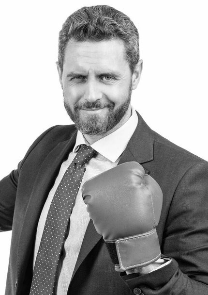 Portrait of professional man with happy face make yes gesture in boxing glove, success - Foto, immagini