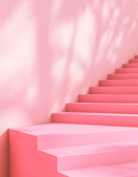 壁にピンクの階段と太陽の日陰熱帯植物、抽象的な背景。3Dレンダリング - 写真・画像