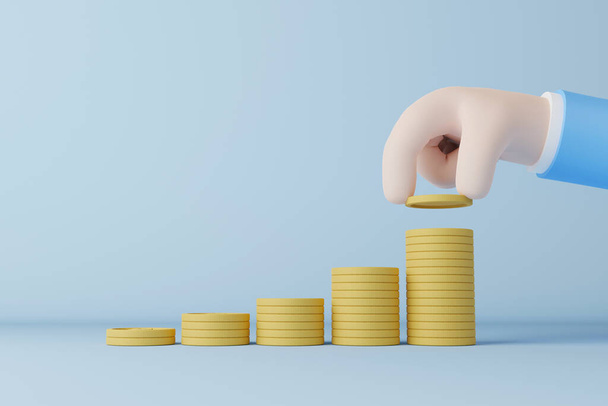 Ręczne wprowadzenie monet na stosu pieniędzy krok rosnący wzrost oszczędności pieniędzy, Concept finansowania inwestycji biznesowych. Ilustracja 3D - Zdjęcie, obraz