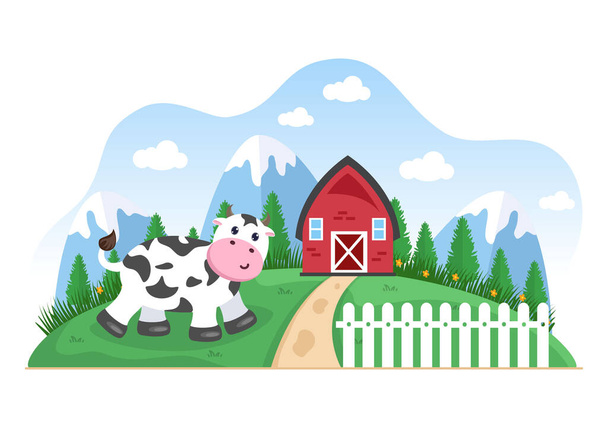Fotos de vacas lecheras con una vista de un prado o una granja en el campo para comer hierba en una ilustración Estilo plano - Vector, Imagen