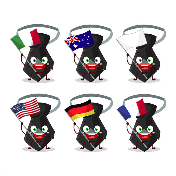 Black tie cartoon character bring the flags of various countries. Vector illustration - Vetor, Imagem