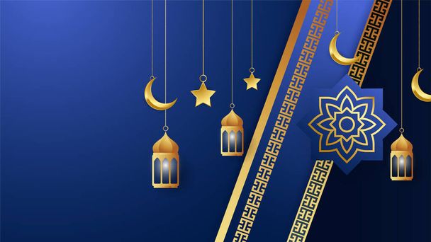 golden lantern arabic dark blue Islamic design background. Universal ramadan kareem banner background with lantern, moon, islamic pattern, mosque and abstract luxury islamic elements - Vector, Image