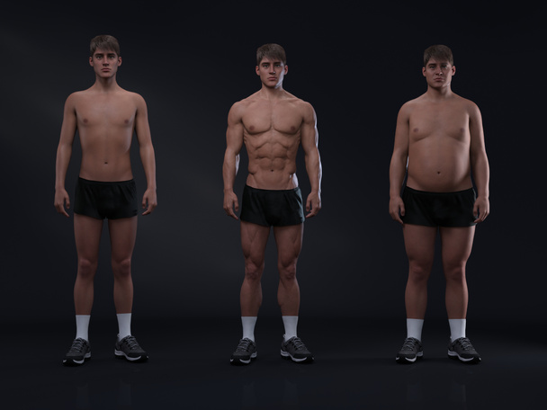 3D Render: Vorderseite des stehenden männlichen Körpertyps: ektomorph (dünner Typ), mesomorph (muskulöser Typ), endomorph (schwerer Typ)) - Foto, Bild